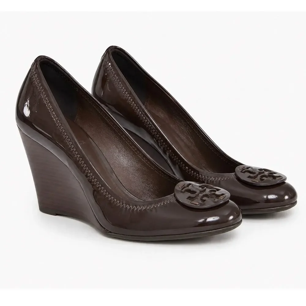 Tory Burch Brown Patent Leather Sally Wedge Pumps